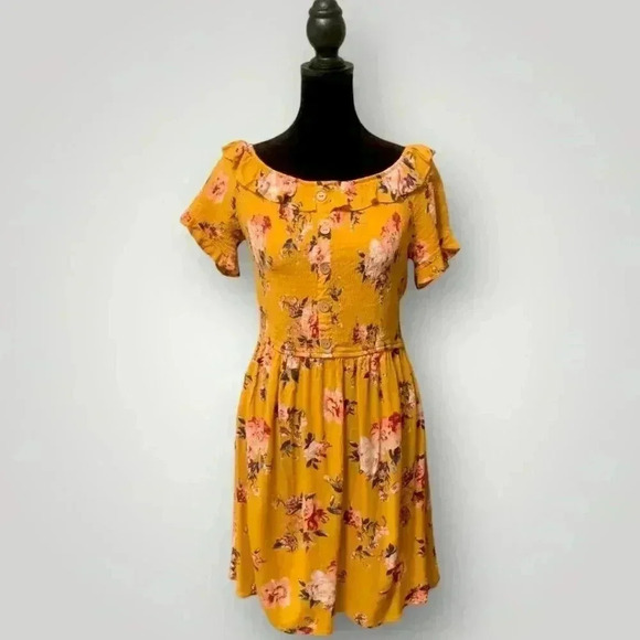 Xhilaration Dresses & Skirts - Xhilaration Yellow Floral Print Ruffled Smocked Bodice Off-Shoulder Mini Dress